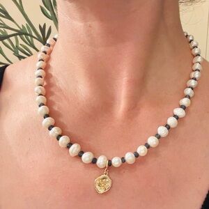 Freshwater Pearl & Aquamarine Necklace w/ Lotus Flower Pendant